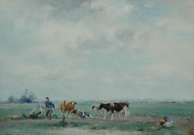 Groenewegen A.J.  | Cattle in a pasture: milking time, Aquarell auf Papier 30,5 x 22,0 cm, signed l.l.