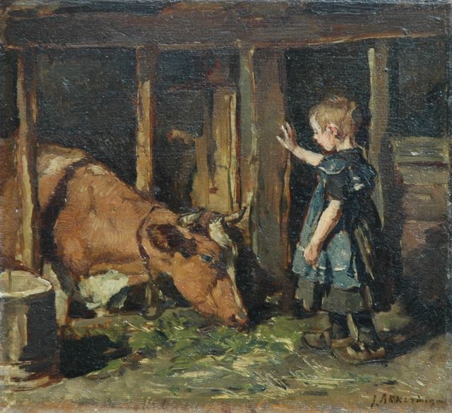 Johannes Evert Akkeringa | Feeding the cow, Öl auf Tafel, 23,9 x 25,9 cm, signed l.r. und datiert Verso Augts. 1909