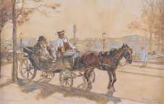 Sluiter J.W. - Ein Tourist in Paris, Holzkohle und aquarell auf gefärbtem Papier 32,4 x 50,2 cm, signiert r.u.und datiert 'Paris - Oct. 1921'