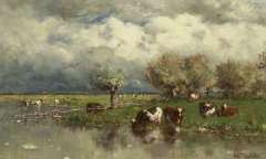 Roelofs W. - Kühe in Wasserlandschaft, Öl auf Leinen 24,2 x 38,9 cm, signiert r.u.