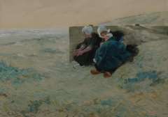 Bartels H. von - Zwei Frauen und ein Kind warten in den Dünen, Gouache auf Papier 29,7 x 40,6 cm, signiert l.u.und datiert 'München 1893'