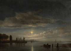 Immerzeel C. - Angelegte Segelschiffe bei Mondlicht, Öl auf Leinen 46,8 x 62,4 cm, signeert l.u.