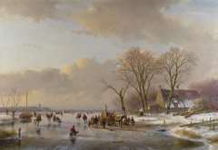 Schelfhout A. - Schlittschuhläufer auf zugefrorenem Fluss, öl auf Leinen 65,3 x 93,1 cm, signiert l.u.und zu datieren um 1850-1860