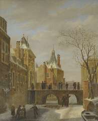 Hove B.J. van - Schlittschuhläufer am ‚Grenadierspoort‘ im Haag, Öl auf Holzfaserplatte 47,4 x 38,1 cm, signiert u.r.und datiert 1823