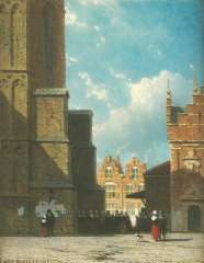 Weissenbruch J. - Der Grote Markt in Haarlem mit der St. Bavokirche und der Fleischhalle, Öl auf Holzfaserplatte 19 x 14,9 cm, signiert u.l.