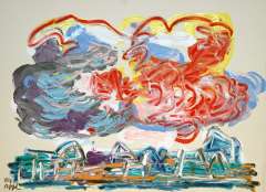 Appel C.K. - Wolken über Häuser, Acryl auf Papier 56,5 x 76 cm, signiert u.l.und gedateerd '84