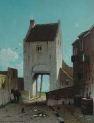 Weissenbruch J. - Stadttor von Leerdam, Öl auf Holzfaserplatte 19 x 14,7 cm, signiert u.l.