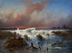 Hilverdink J. - Dammbruch im Grebbedeich am 5. März 1855, Öl auf Leinen 37,1 x 50,1 cm, signiert r.u.und datiert 1855