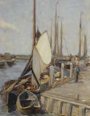 Arntzenius P.F.N.J. - Der Hafen zu Elburg mit angelegten Fischerbooten, aquarel op papier 56,9 x 43,5 cm, signiert r.u.