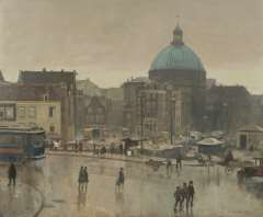 Vreedenburgh C. - Prins Hendrikkade, Amsterdam, mit Strohmarkt und der Ronde Lutherse Kerk, Öl auf Leinen 59.3 x 72.8 cm, signed r.u.und dated 1931