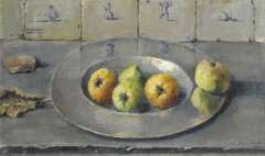 Dam van Isselt L. van - Zinn Schale mit Äpfeln, Öl auf Holzfaserplatte 38,4 x 62,9 cm, signiert u.r.und zu datieren 1940-1941