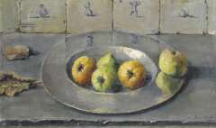 Dam van Isselt L. van - Zinn Schale mit Äpfeln, Öl auf Holzfaserplatte 38,4 x 62,9 cm, signiert u.r.und zu datieren 1940-1941