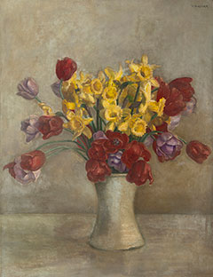 Vilmos Huszár - Stilleben mit Tulpen und Narzissen, Öl auf Leinen 68,1 x 52,9 cm, signiert u.r.