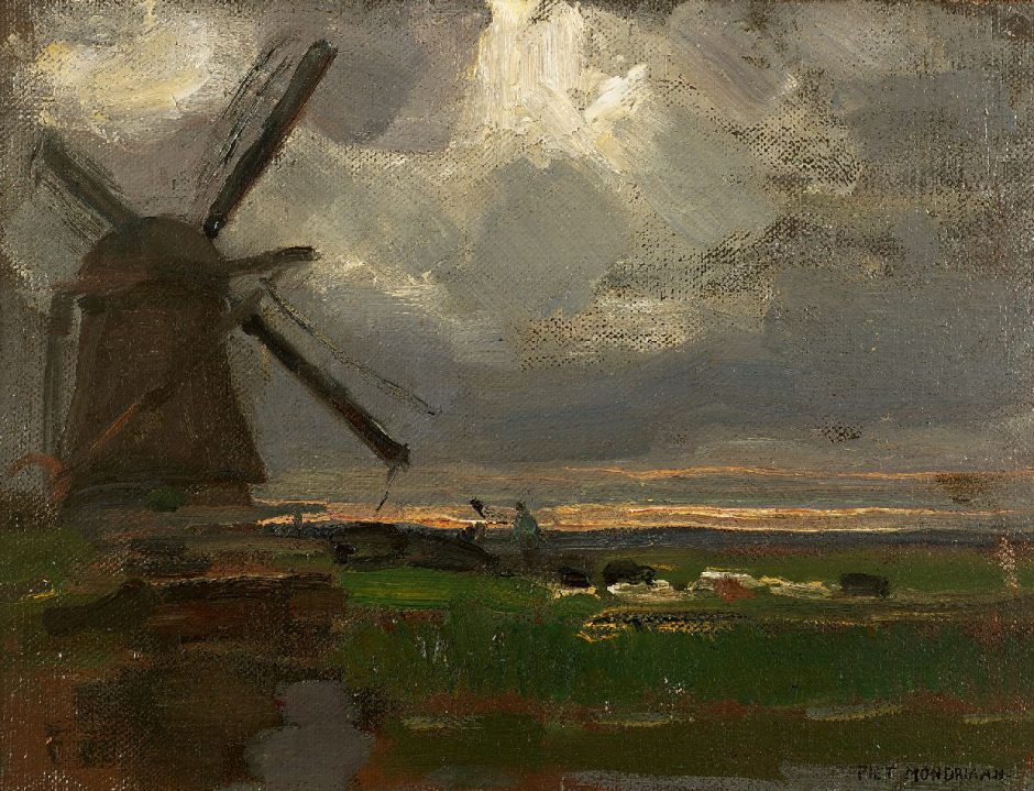 Piet Mondriaan - The ‚Broekzijdse Molen‘ along the Gein, Öl auf Leinwand auf Holz 34,6 x 46,3 cm , Unterzeichnet u.r.und zu datieren ca. 1905