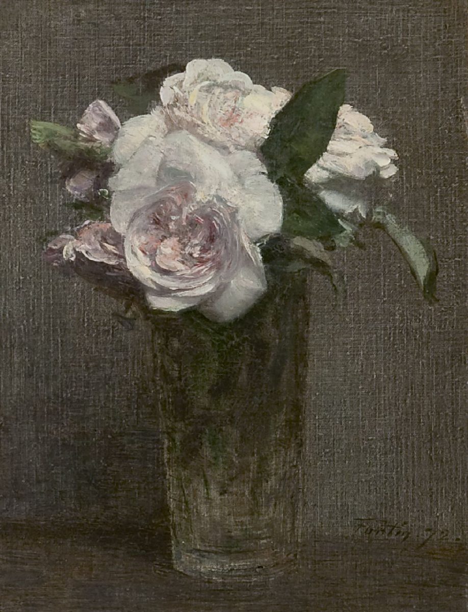 Henri Fantin-Latour - Rosen in aufrerchter Vase, Öl auf Leinwand 28,3 x 21,8 cm , Unterzeichnet u.r.und datiert '72