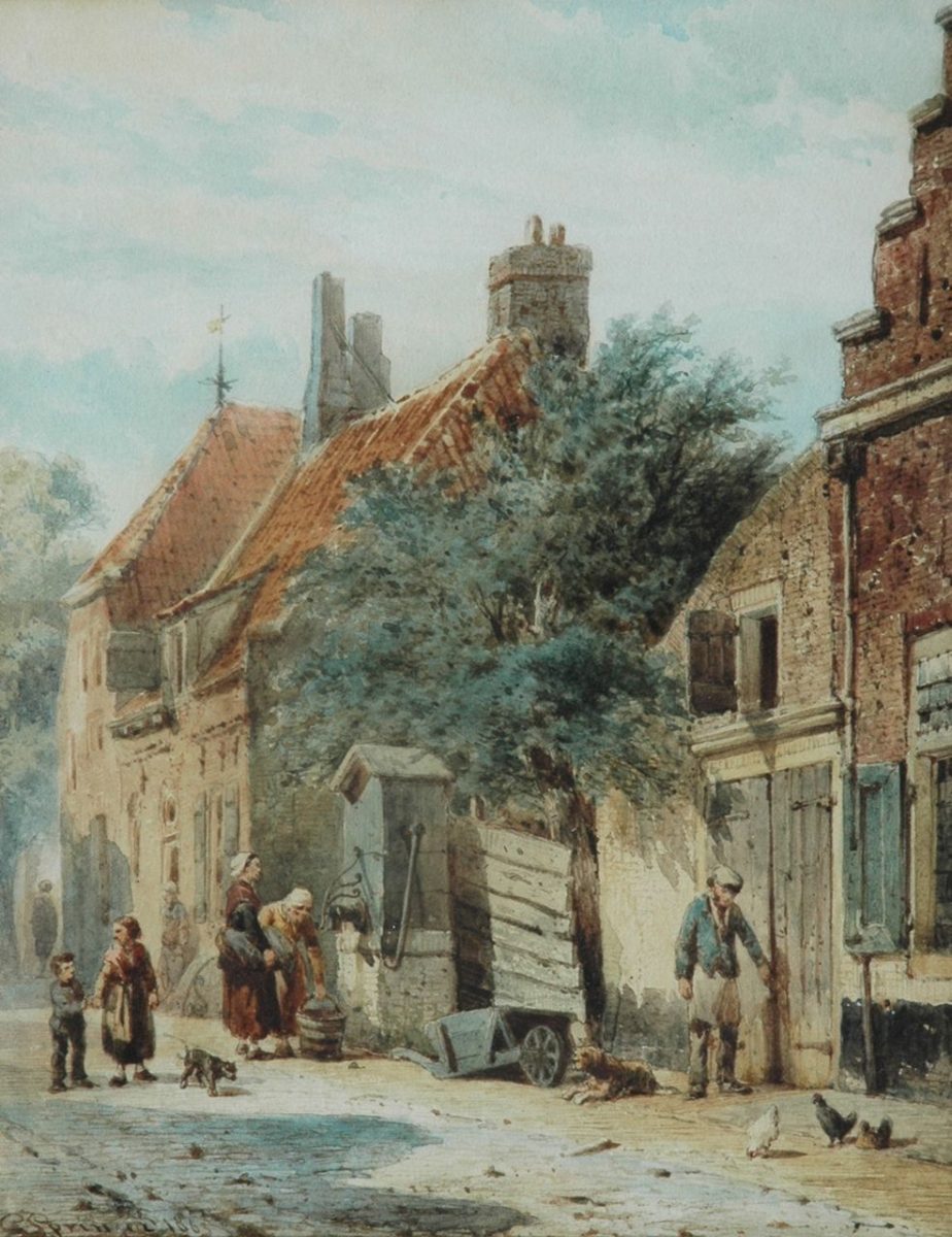 Cornelis Springer - The Grote Poortstraat, on the corner of the Kromhoutsteeg, in Harderwijk, Aquarell auf Papier 27 x 21,6 cm , Unterzeichnet u.l.und datiert 1863