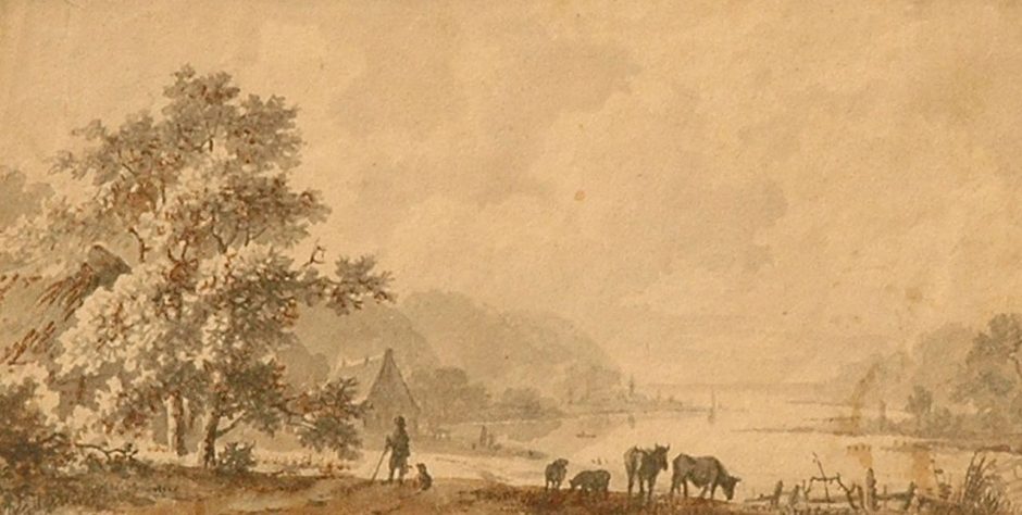 Marinus Adrianus Koekkoek I - A river valley with cattle, Getuschte Feder auf Papier 7,4 x 14,2 cm , Unterzichnet Versound Dem Museum B.C. Koekkoek-Haus in Kleve als Geschenk übergeben