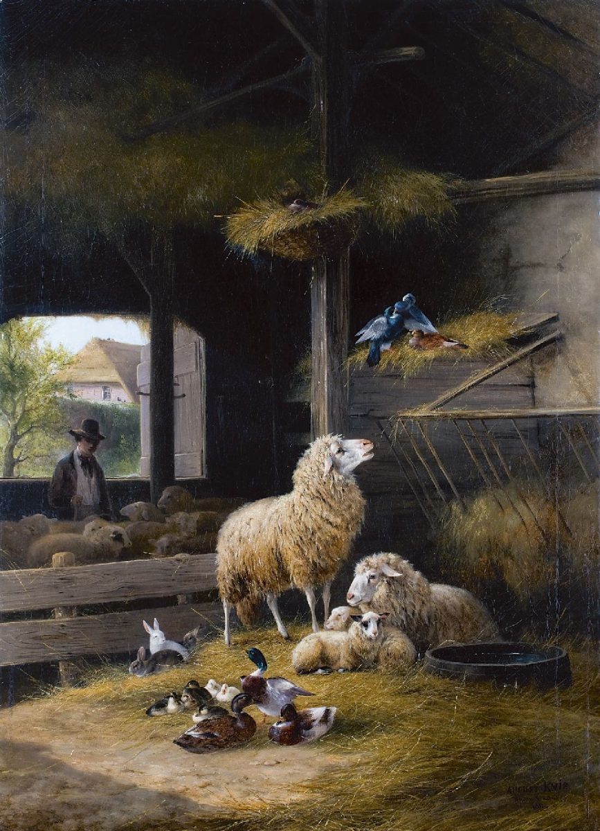 Knip A. - Spring in the sheep-pen, Öl auf Leinwand 106,5 x 76,3 cm , Unterzeichnet u.r.und datiert 'Baden Baden 1858'