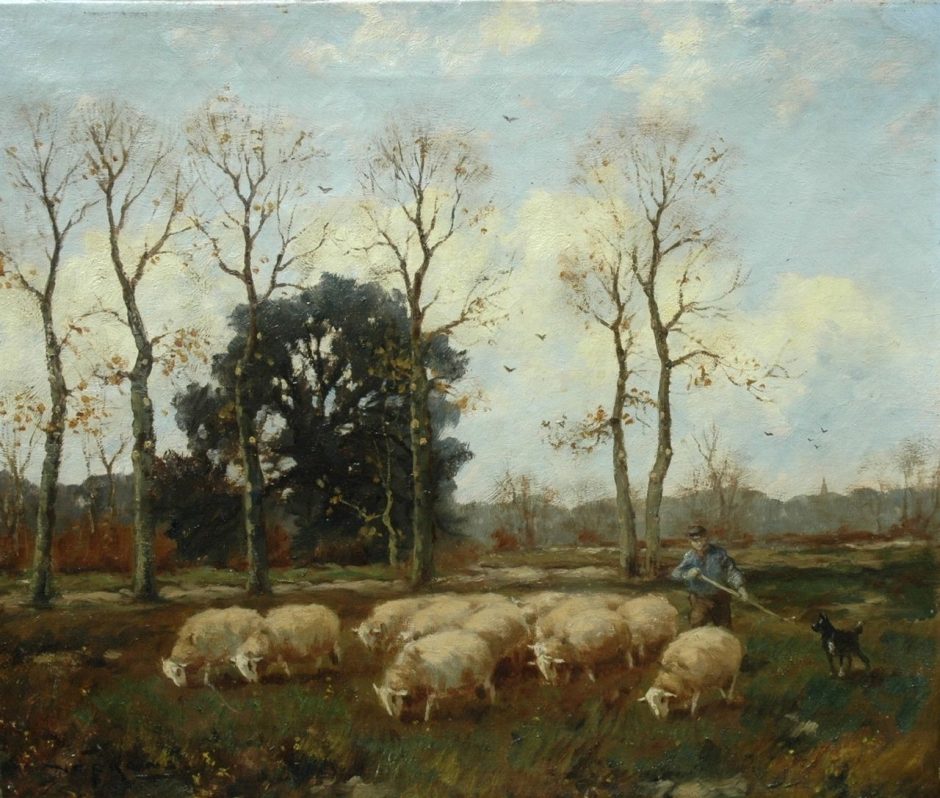 Martinus Nefkens - Shepherd with his dog and sheep, Öl auf Leinwand 50 x 61 cm , Unterzeichnet u.l.