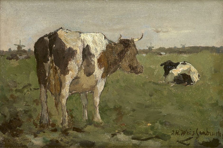 Jan Hendrik Weissenbruch - Cows in a polder landscape, Öl auf Leinwand auf Holz 14 x 20,5 cm , Unterzeichnet u.r.