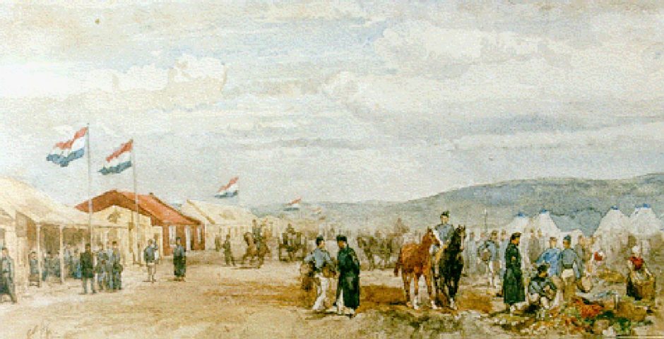 Charles Rochussen - Artillery camp in the dunes, Aquarell auf Papier 17,5 x 34,5 cm , Unterzeichnet mit Initialen u.r.und datiert '62