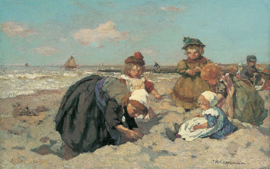 Johannes Evert Akkeringa - Children playing on the beach, Öl auf Holz 27 x 42,3 cm , Unterzeichnet u.r.