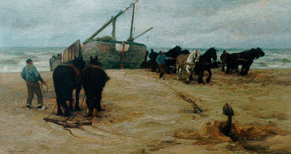 Edgard Farasijn - A ‚bomschuit’on the beach, Öl auf Leinwand 72,6 x 133 cm , Unterzeichnet u.l.