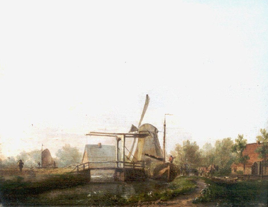 Andreas Gerrit Jacobsen - View of the Echtener mill, Hoogeveen, Öl auf Holz 20,4 x 25,8 cm , Unterzeichnet m.u.und datiert 1858