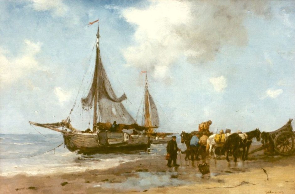 Johan Frederik Cornelis Scherrewitz - Sorting the catch, Öl auf Leinwand 41 x 70 cm cm , Unterzeichnet u.r.