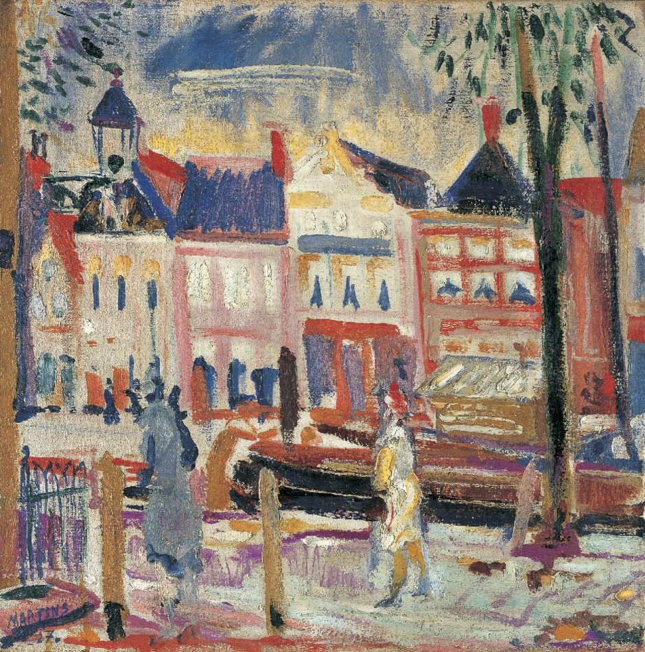 George Martens - View of ‚Het Schuitendiep‘, Wachsfarbe auf Leinwand 48 x 48 cm , Unterzeichnet u.l.und datiert '27