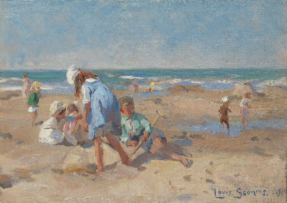 Louis Soonius - Children playing on the beach, Öl auf Leinwand auf Holz 18,4 x 24,1 cm , Unterzeichnet u.r.und datiert 1920