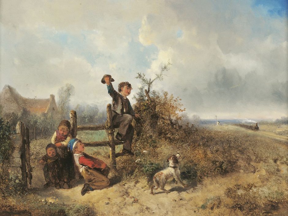 Mari ten Kate - The steam locomotive is approaching, Öl auf Holz 30,5 x 41,2 cm , Unterzeichnet u.r.und datiert '64