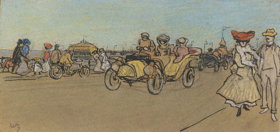 Willy Sluiter - Strollers on the boulevard of Scheveningen, Feder, Tinte und Kreide auf Papier 12 x 24,5 cm , Unterzeichnet u.l. mit Initialen
