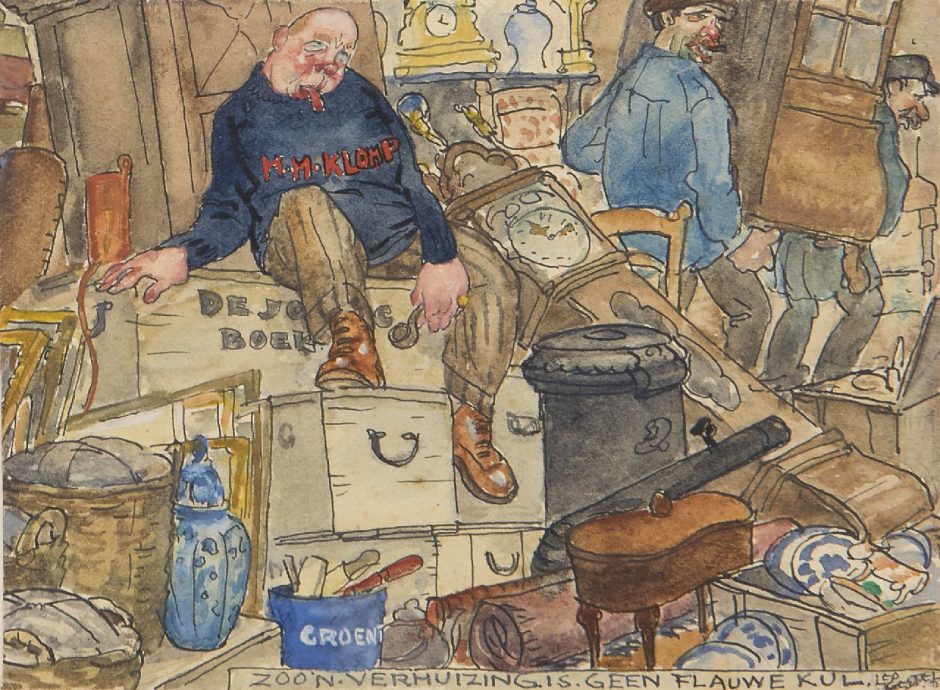 Leo Gestel - Piet Boendermaker zieht um nach Haus De Klomp in Bergen: ‚So ein Umzug ist kein Quatsch‘, Tinte und Aquarell auf Papier 9 x 11,8 cm , Unterzeichnet u.r.und zu datieren um 1918