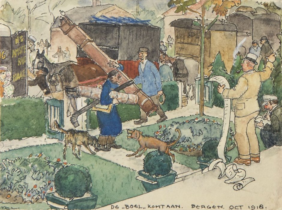 Leo Gestel - Piet Boendermaker zieht um nach Haus De Klomp in Bergen: ‚Der Kram kommt an‘, Tinte und Aquarell auf Papier 8,8 x 12,1 cm , Unterzeichnet u.l.und datiert 'Bergen' oct. 1918