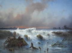 Hilverdink J. - Dammbruch im Grebbedeich am 5. März 1855, Öl auf Tafel 37.1 x 50.1 cm, signiert r.u.und datiert 1855