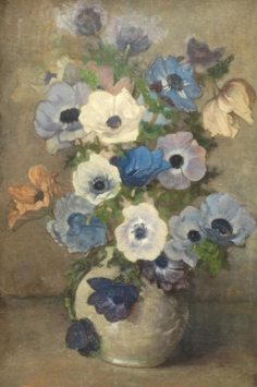 Wandscheer M.W. - Anemonen in Vase, Öl auf Leinen auf Holzfaserplatte 60,7 x 41 cm