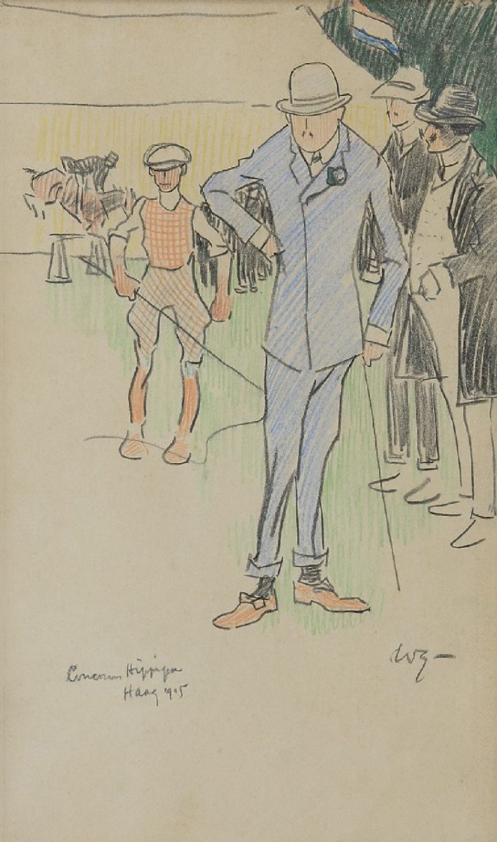 Willy Sluiter - Auf dem Reitturnier im Haag, 1905, Kreide auf Papier 32,7 x 19 cm , Unterzeichnet u.r. mit Initialenund datiert 1905