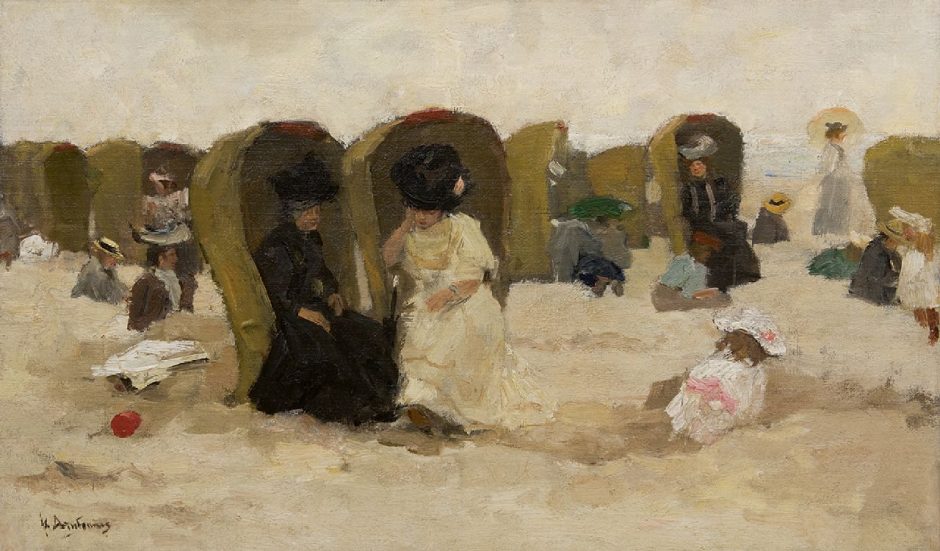 Floris Arntzenius - Badegäste auf dem Scheveninger Strand, Öl auf Leinwand auf Holz 31,6 x 51,5 cm , Unterzeichnet u.l.