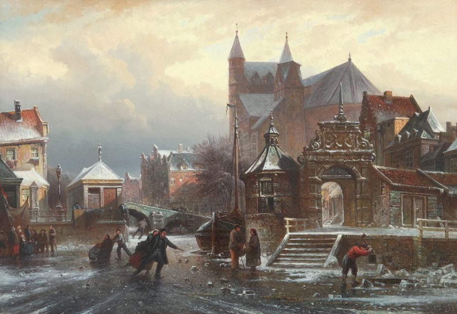 Elias Pieter van Bommel Schaatspret op een stadsgracht