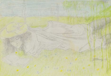 Jan Toorop - Junge Frau feministische Prosa lesend (‚Vrouwenrecht), Bleistift und Kreide auf Papier 16,2 x 20,5 cm, Unterzeichnet u.r.und datiert 1897