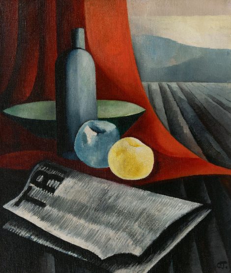 Charley Toorop - Stillleben mit Obst, Flasche und Zeitung, Öl auf Leinwand 60,2 x 50,5 cm, Unterzeichnet u.r. mit Initialenund datieren ca. 1926