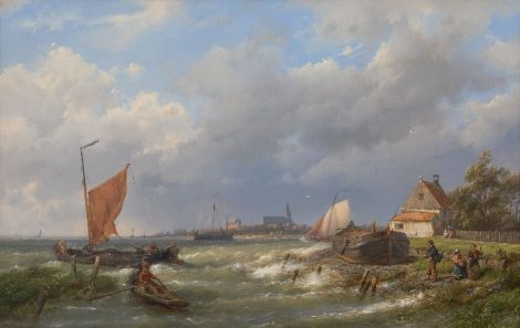 Hermanus Koekkoek - Een stevige bries aan Hollandse kust met dorp in het verschiet, Öl auf Leinwand 37,0 x 57,7 cm, Unterzeichnet u.l.