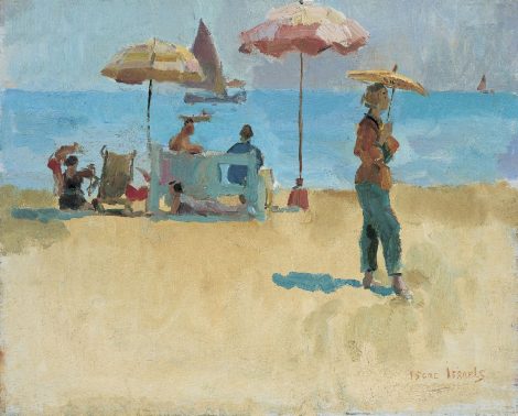 Isaac Israels - Strand mit Figuren und Schirmen, Öl auf Leinwand 40,1 x 50,3 cm, signed l.r.