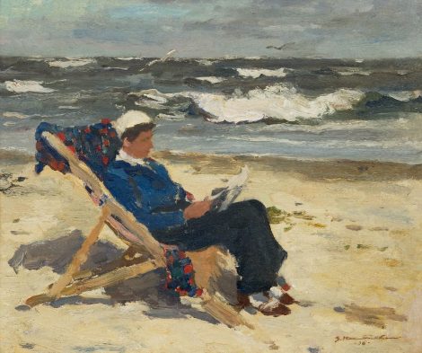 Georg Hambüchen - Lesende Dame im Strandstuhl, Öl auf Holzfaser 38,4 x 46,0 cm, Unterzeichnet u.r.und datiert '36