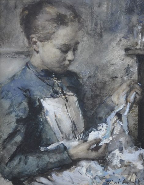 Albert Roelofs - Frau mit Flickwäsche, Aquarell auf Papier 20,8 x 15,6 cm, Unterzeichnet u.r.und zu datieren 1901