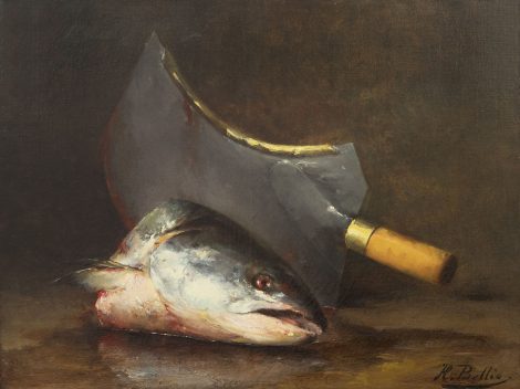 Hubert Bellis - Stilleben mit einem Fischkopf und Hackmesser, Öl auf Leinwand 47,2 x 63,0 cm, Unterzeichnet u.r.