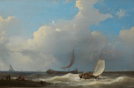 Abraham Hulk - Kreuzende Plattboden Boote, Öl auf Holz 21,5 x 32,3 cm, Unterzeichnet u.l.und datiert 1849