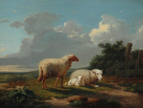 Joseph van Dieghem - Landschaft mit zwei Schafen und einem Lamm, Öl auf Holz 18,8 x 24,5 cm, Unterzeichnet M.r.und datiert 1855
