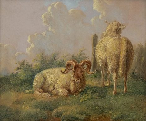 Albertus Verhoesen - Widder und Mutterschaf in sommerlicher Weide, Öl auf Holz 14,5 x 16,5 cm, Unterzeichnet r.v.d.M.und datiert 1845